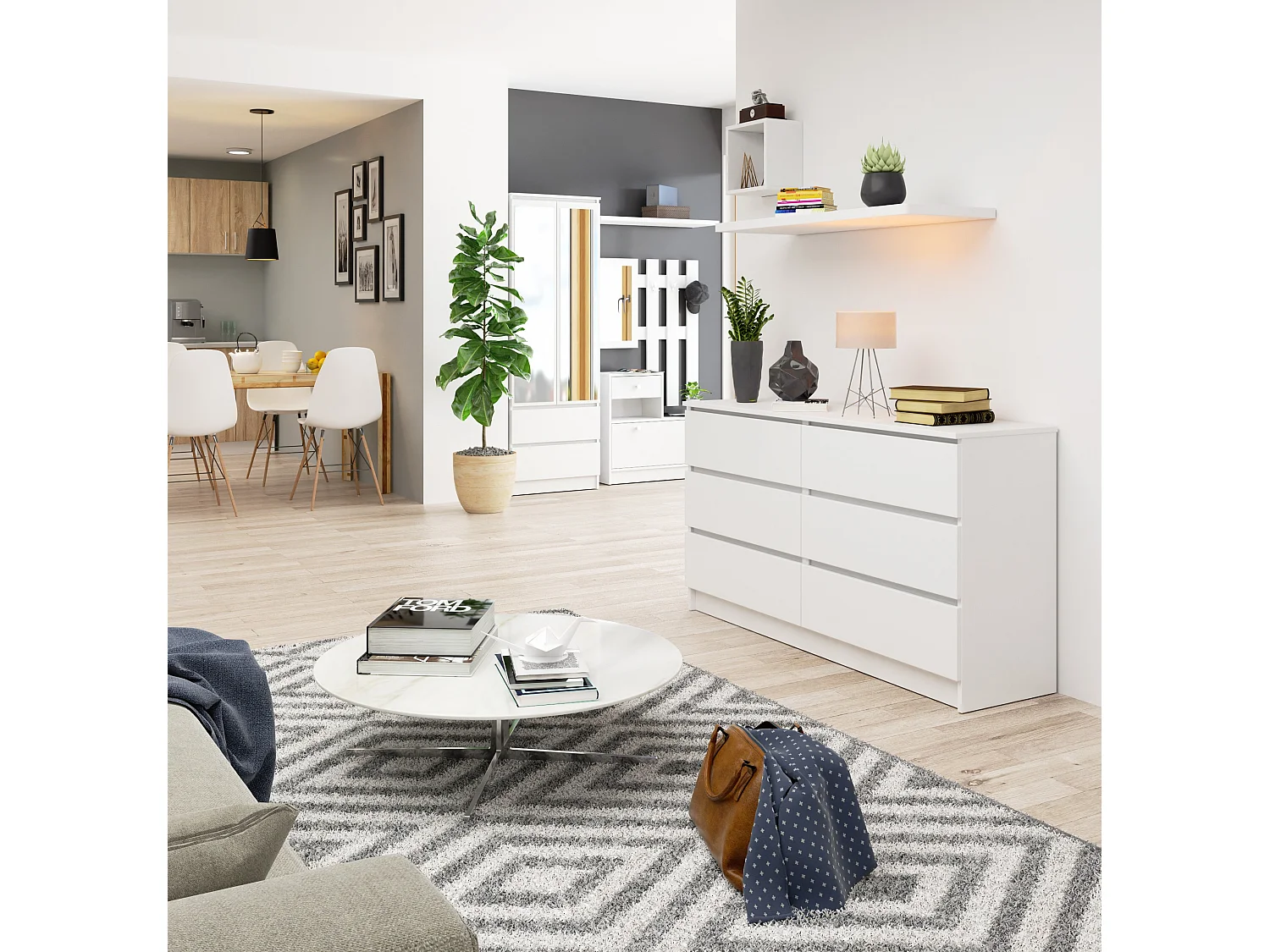 Cassettiera AKORD K140 Bianca 138 cm 6 cassetti 138x40x77 cm