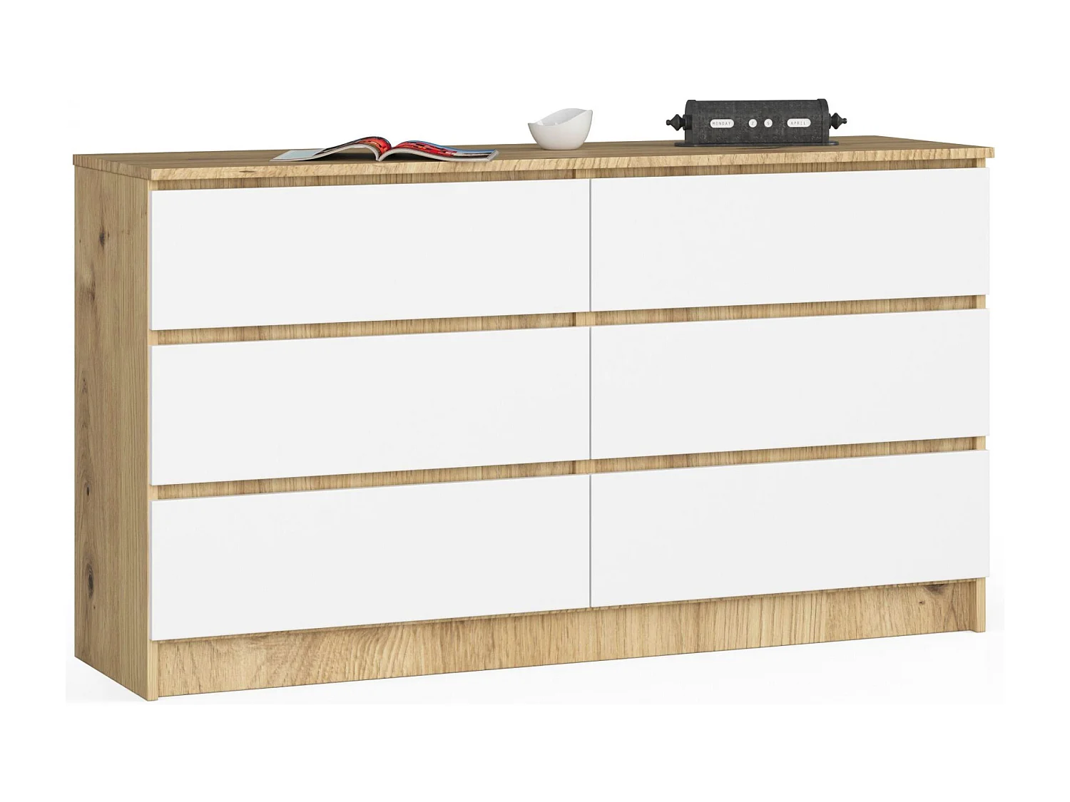 Kommode AKORD K140 Eiche Artisan 138 cm 6 Schubladen Front Weiß B138 x H77 x T40 cm