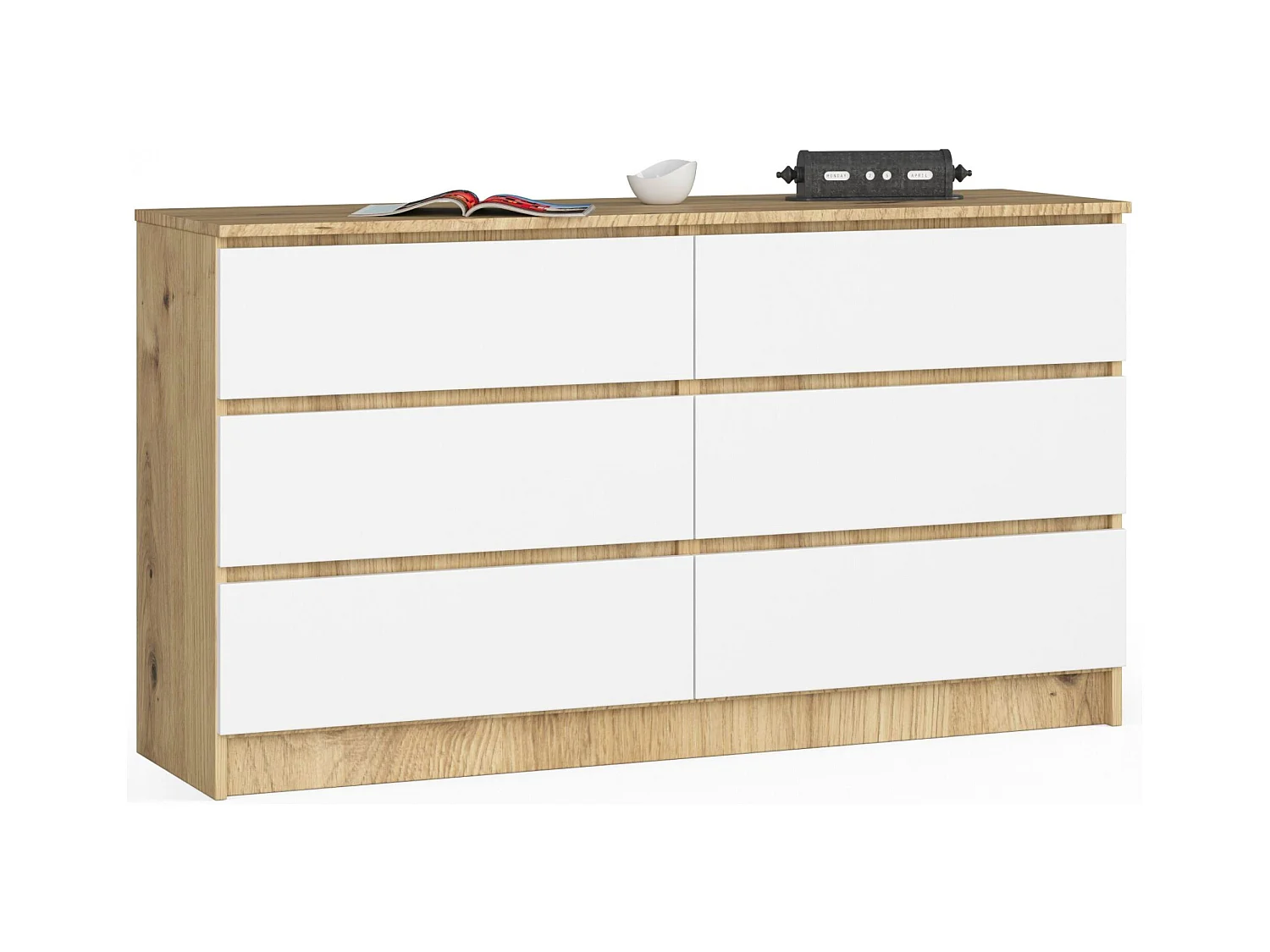 Commode AKORD K140 Chêne Artisan 138 cm 6 tiroirs façade Blanche 138x40x77 cm