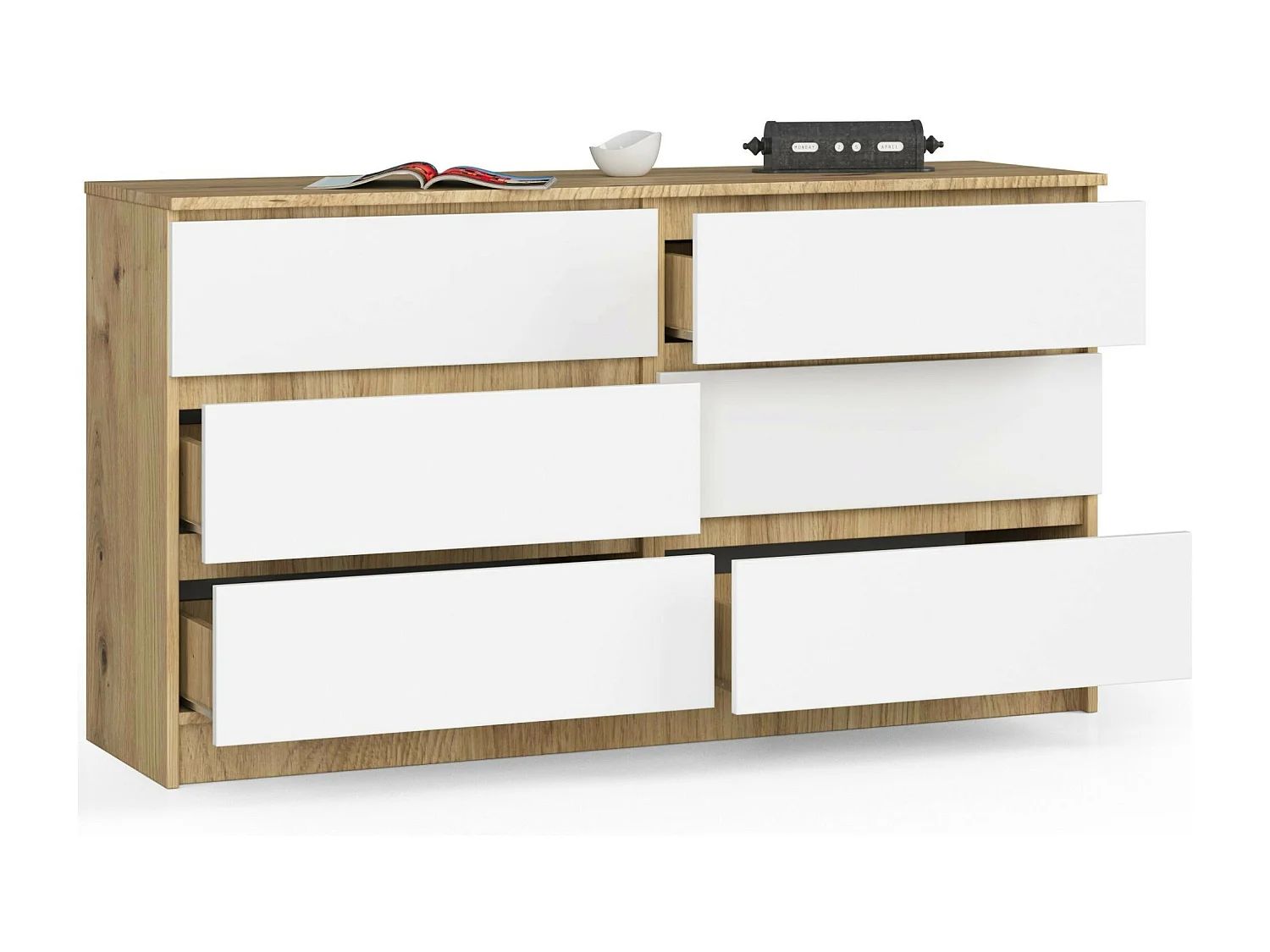Commode AKORD K140 Chêne Artisan 138 cm 6 tiroirs façade Blanche 138x40x77 cm