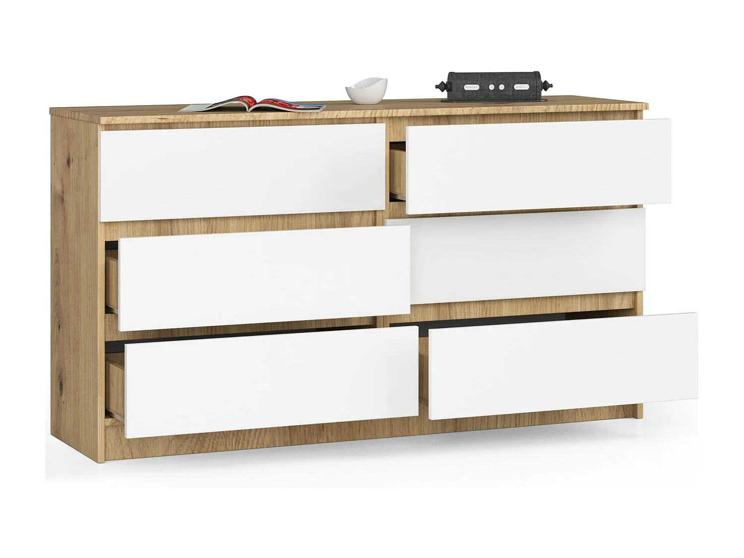 Commode AKORD K140 Chêne Artisan 138 cm 6 tiroirs façade Blanche 138x40x77 cm