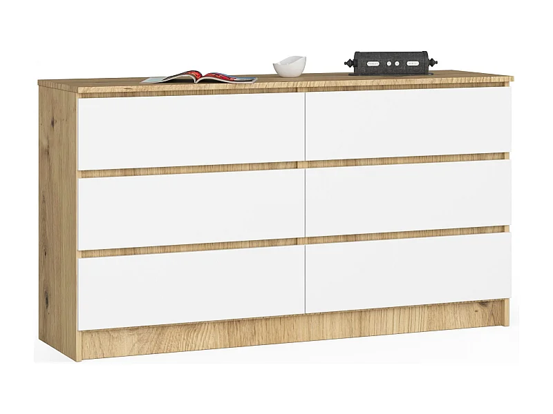 Commode AKORD K140 Chêne Artisan 138 cm 6 tiroirs façade Blanche 138x40x77 cm