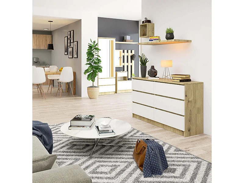 Cassettiera AKORD K140 Quercia Artisan 138 cm 6 cassetti inserto frontale Bianco 138x40x77 cm