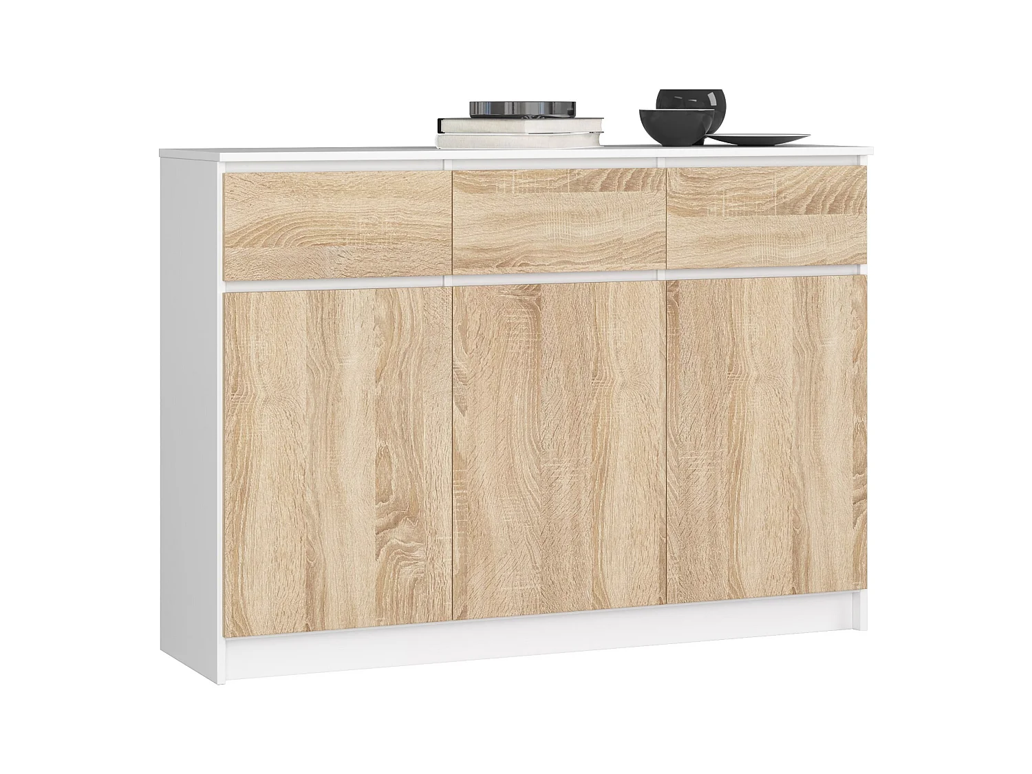 Commode AKORD K140 Blanche 138 cm 3 portes 3 tiroirs façade Chêne Sonoma 6 étagères 138x40x99 cm