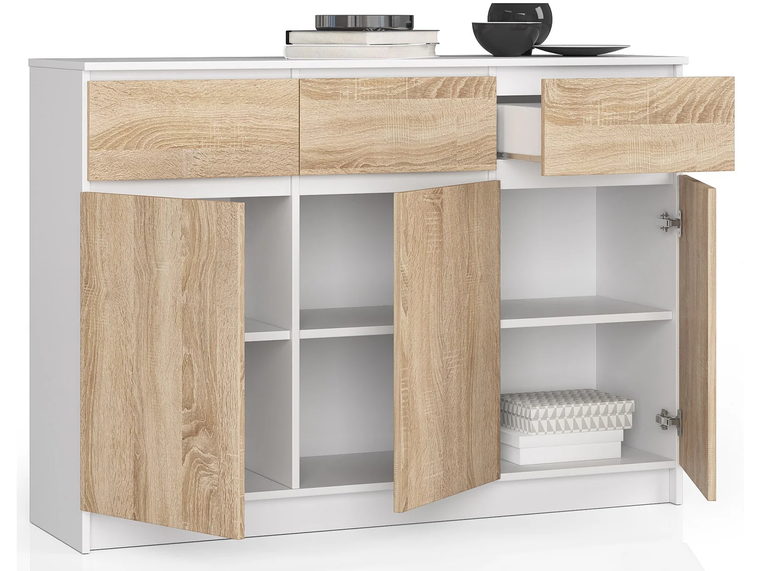 Commode AKORD K140 Blanche 138 cm 3 portes 3 tiroirs façade Chêne Sonoma 6 étagères 138x40x99 cm