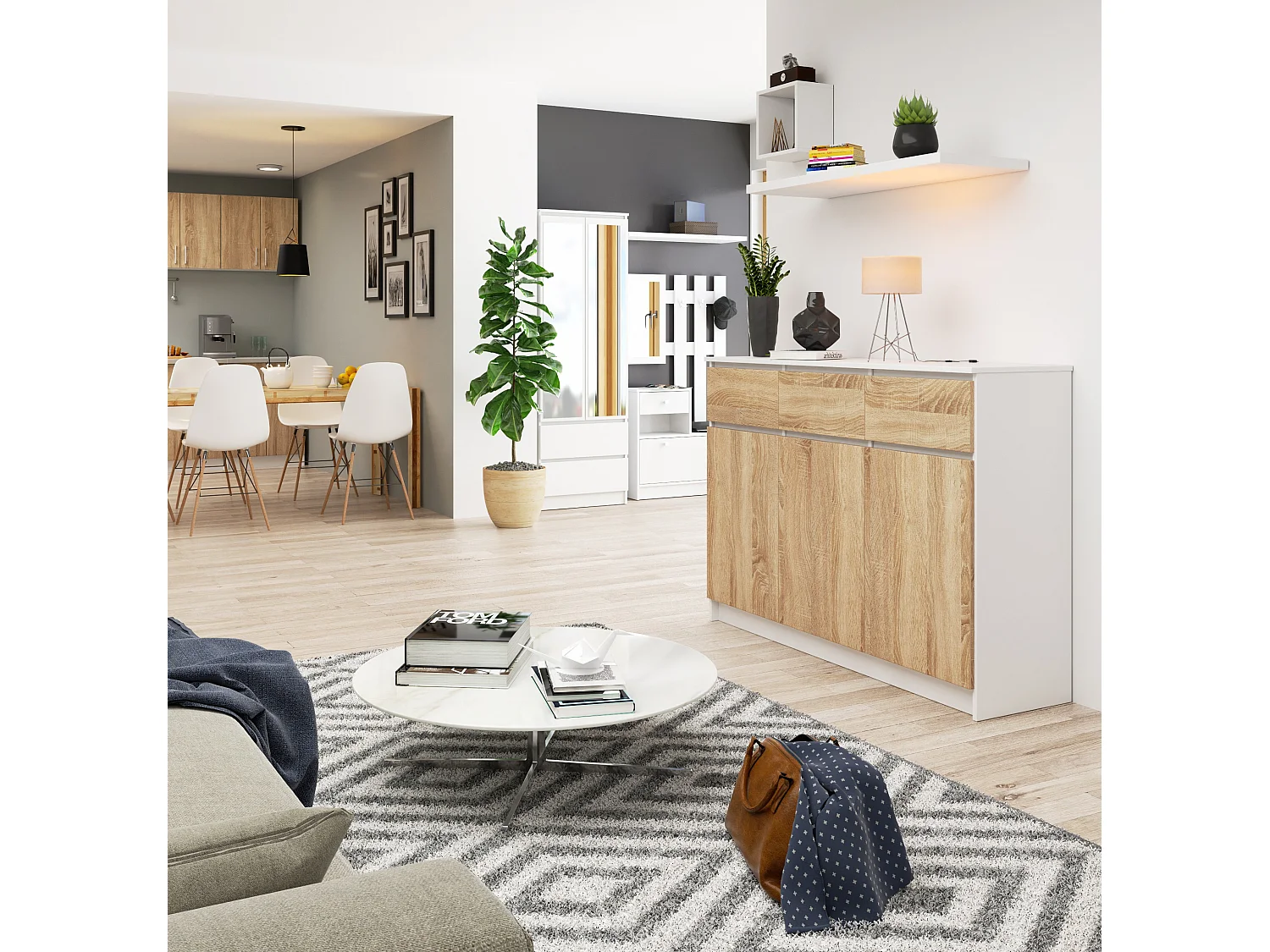 Commode AKORD K140 Blanche 138 cm 3 portes 3 tiroirs façade Chêne Sonoma 6 étagères 138x40x99 cm