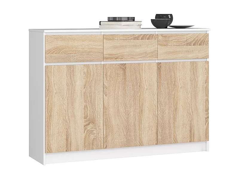 Commode AKORD K140 Blanche 138 cm 3 portes 3 tiroirs façade Chêne Sonoma 6 étagères 138x40x99 cm