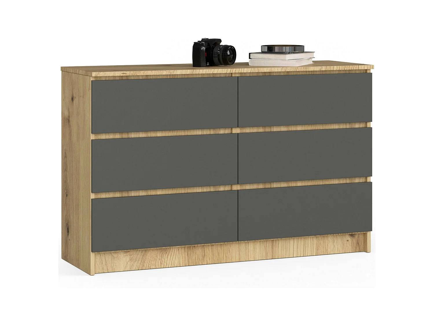 Commode AKORD K120 Chêne Artisan 120 cm 6 tiroirs façade Gris Graphite 120x40x77 cm