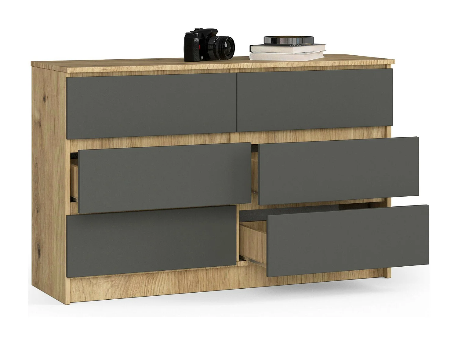 Commode AKORD K120 Chêne Artisan 120 cm 6 tiroirs façade Gris Graphite 120x40x77 cm