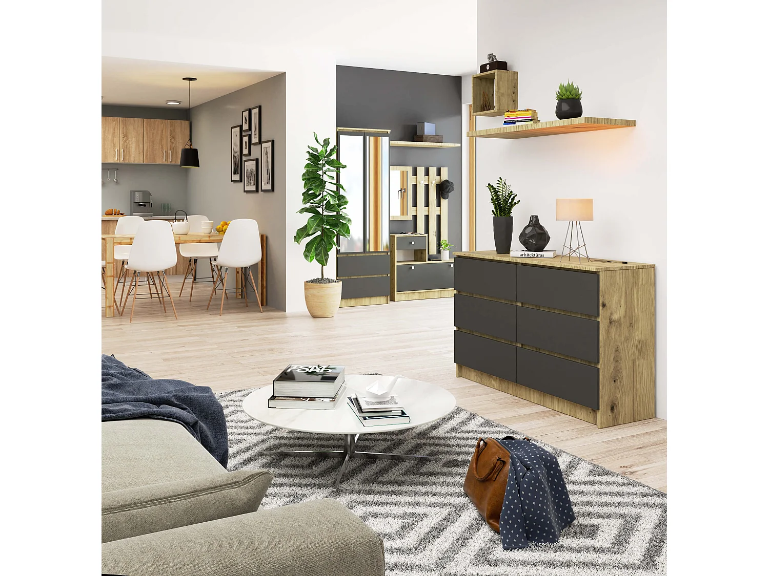 Commode AKORD K120 Chêne Artisan 120 cm 6 tiroirs façade Gris Graphite 120x40x77 cm