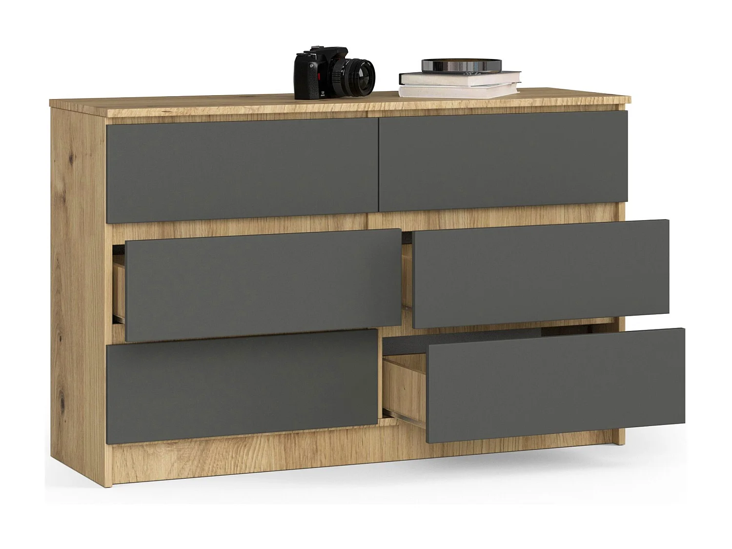 Commode AKORD K120 Chêne Artisan 120 cm 6 tiroirs façade Gris Graphite 120x40x77 cm