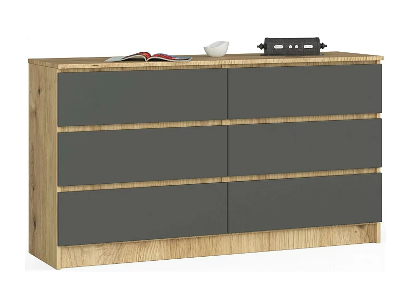 Commode AKORD K140 Chêne Artisan 138 cm 6 tiroirs façade Gris Graphite 138x40x77 cm