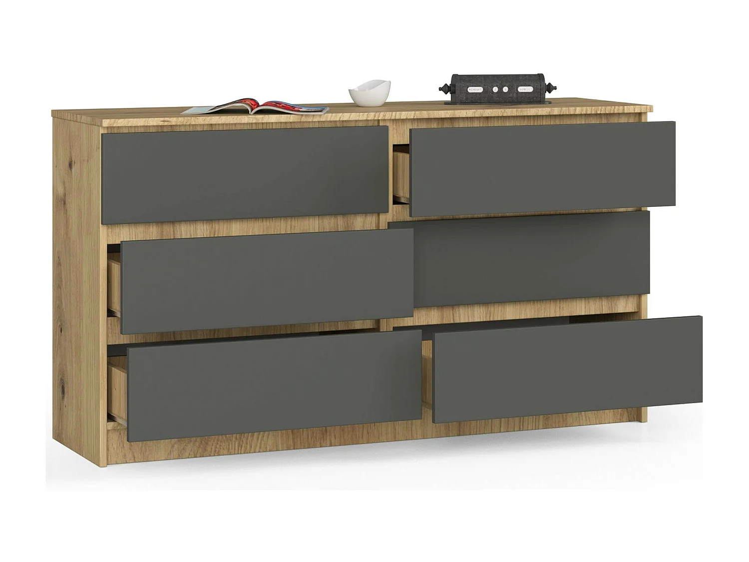 Commode AKORD K140 Chêne Artisan 138 cm 6 tiroirs façade Gris Graphite 138x40x77 cm