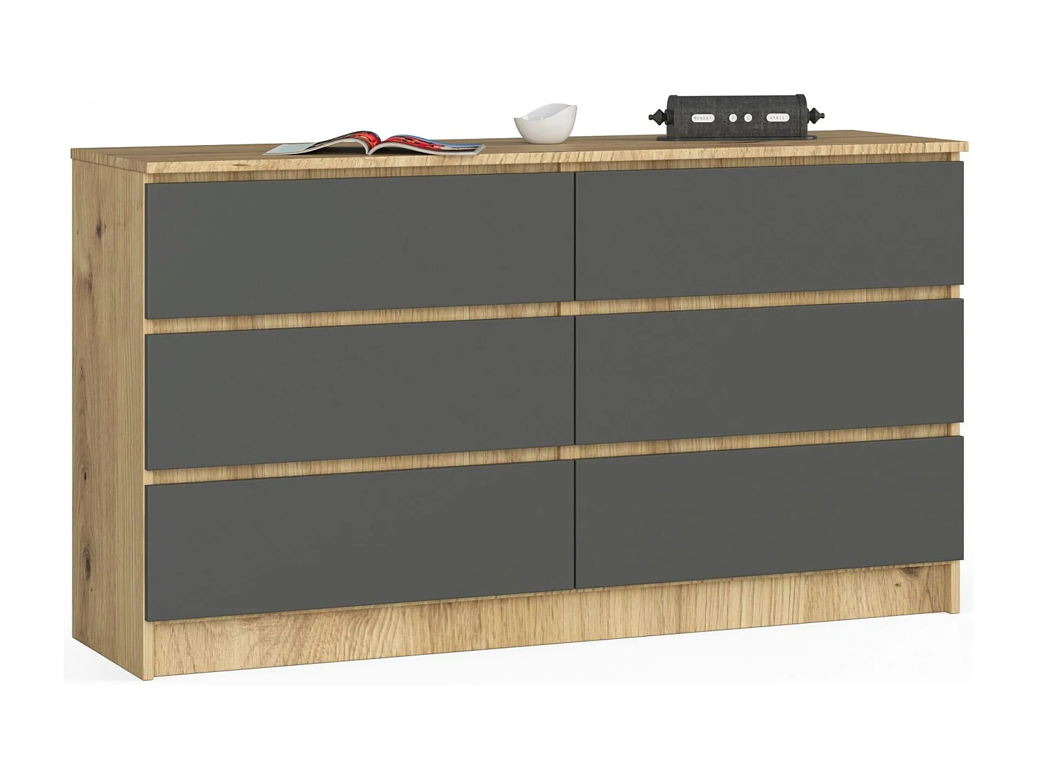 Commode AKORD K140 Chêne Artisan 138 cm 6 tiroirs façade Gris Graphite 138x40x77 cm