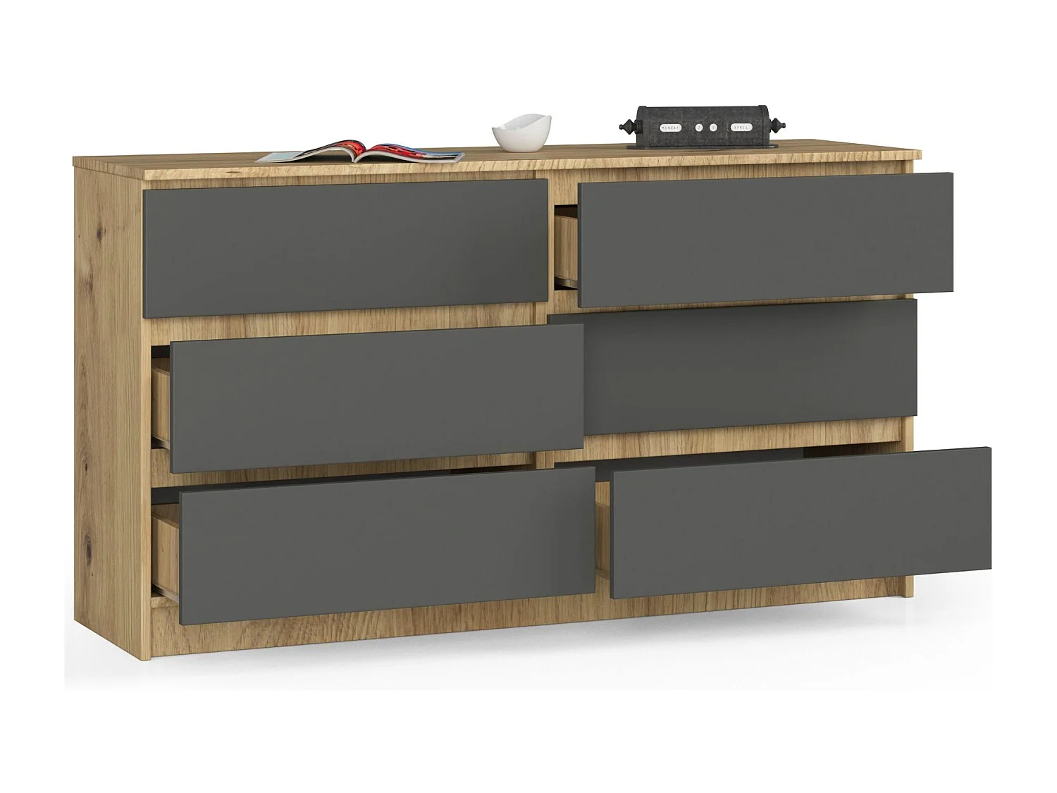 Commode AKORD K140 Chêne Artisan 138 cm 6 tiroirs façade Gris Graphite 138x40x77 cm