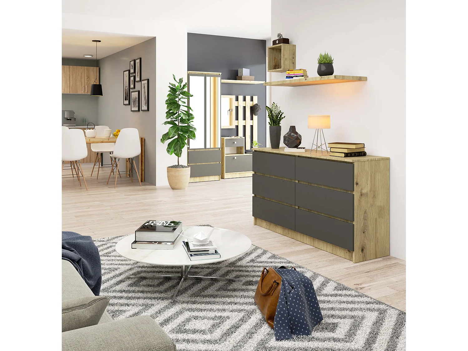 Commode AKORD K140 Chêne Artisan 138 cm 6 tiroirs façade Gris Graphite 138x40x77 cm