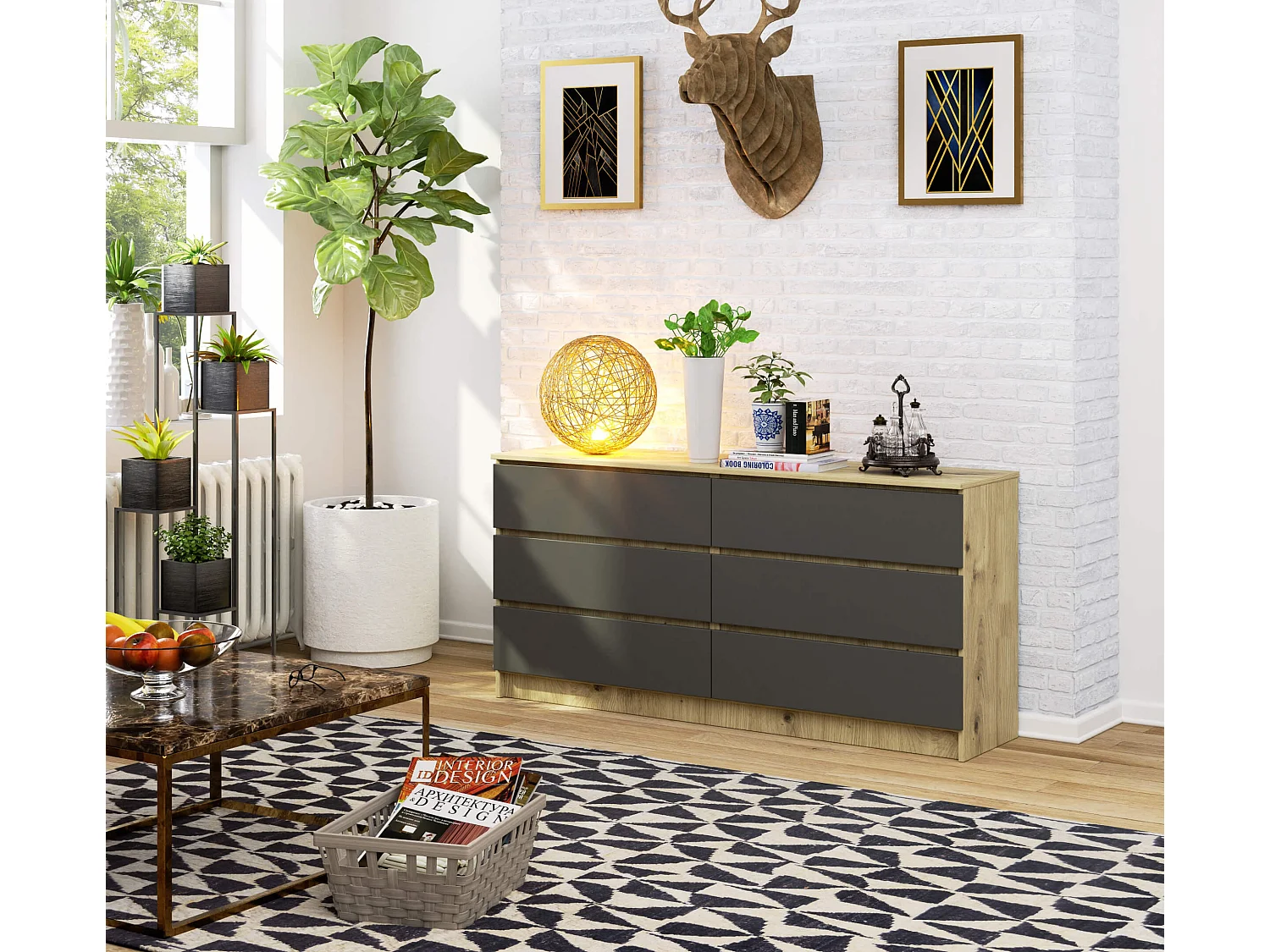 Grande Commode pour le salon AKORD K160 Chêne Artisan 160 cm 6 tiroirs façade Gris Graphite 160x40x77 cm