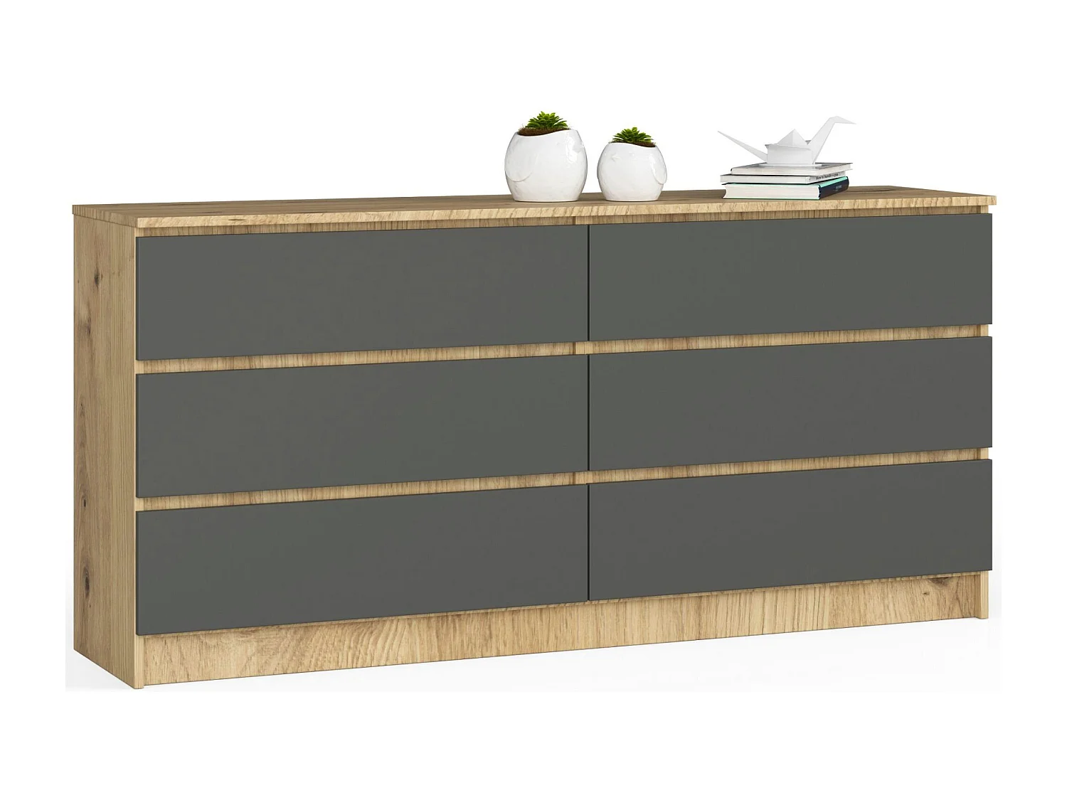 Grande Commode pour le salon AKORD K160 Chêne Artisan 160 cm 6 tiroirs façade Gris Graphite 160x40x77 cm
