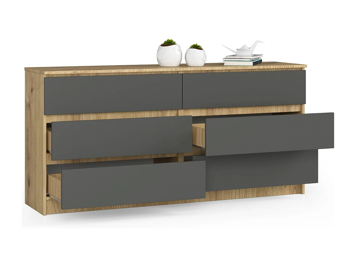Grande Commode pour le salon AKORD K160 Chêne Artisan 160 cm 6 tiroirs façade Gris Graphite 160x40x77 cm