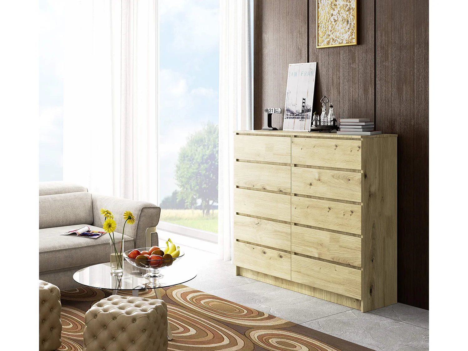 Commode AKORD K140 Chêne Artisan 138 cm 10 tiroirs façade Chêne Artisan 138x40x121 cm