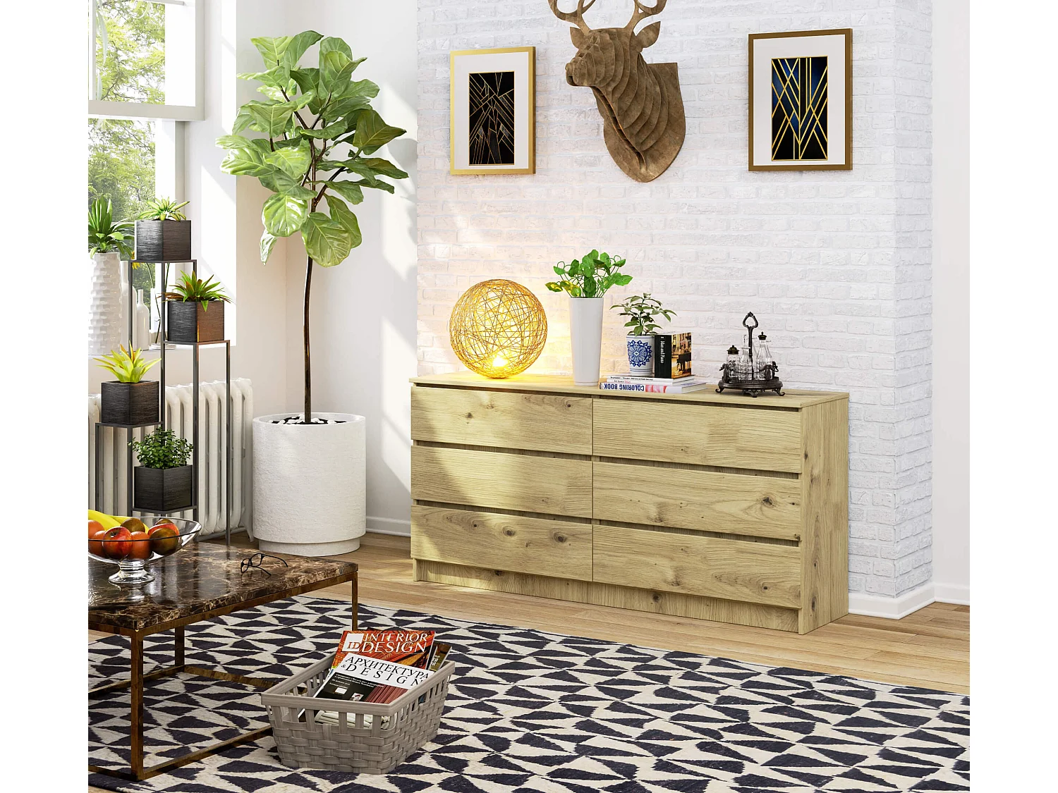 Grande Commode pour le salon AKORD K160 Chêne Artisan 160 cm 6 tiroirs façade Chêne Artisan 160x40x77 cm