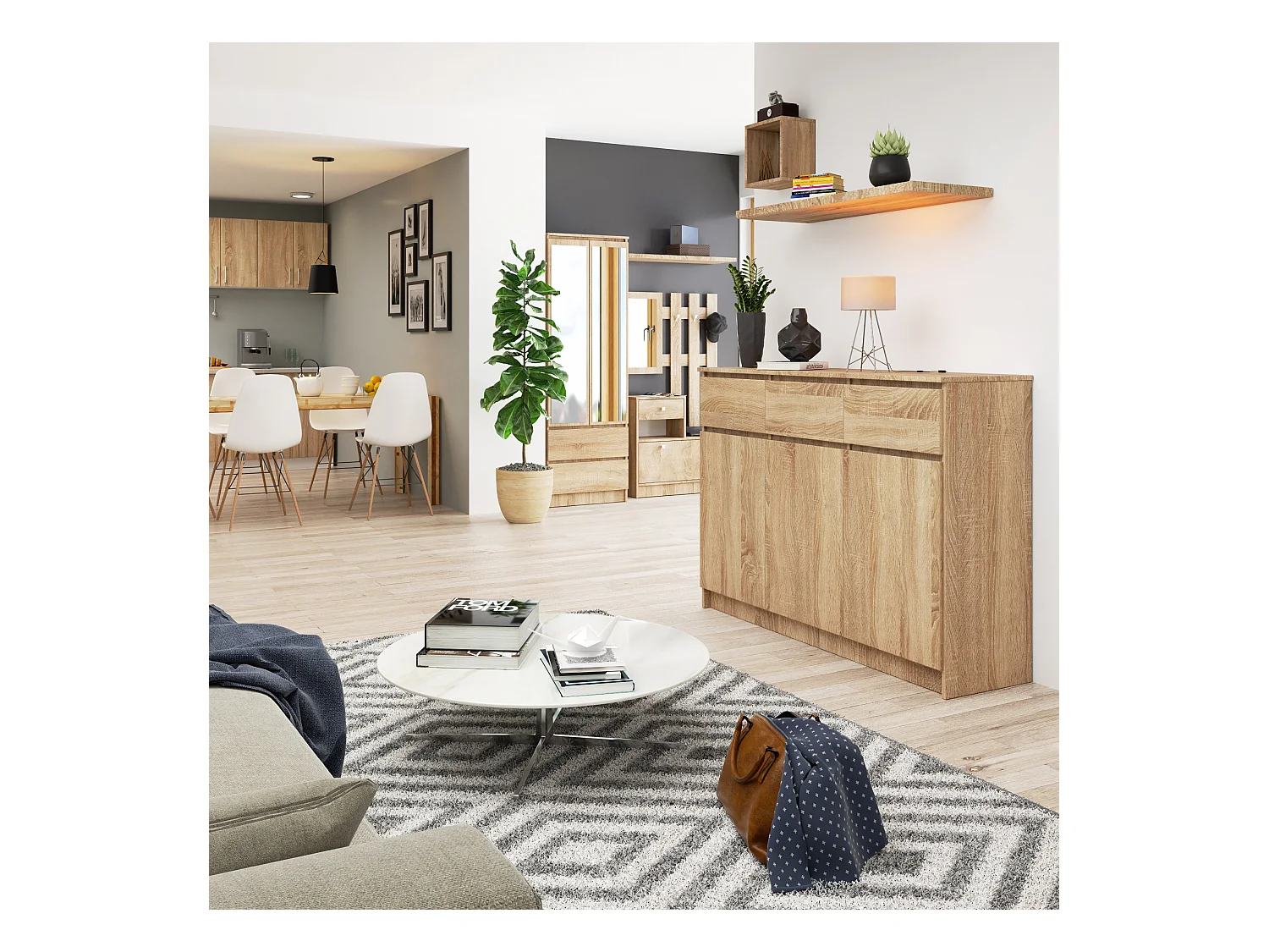 Kommode AKORD K140 Sonoma-Eiche 138 cm 3 Türen 3 Schubladen 6 Ebenen B138 x H99 x T40 cm