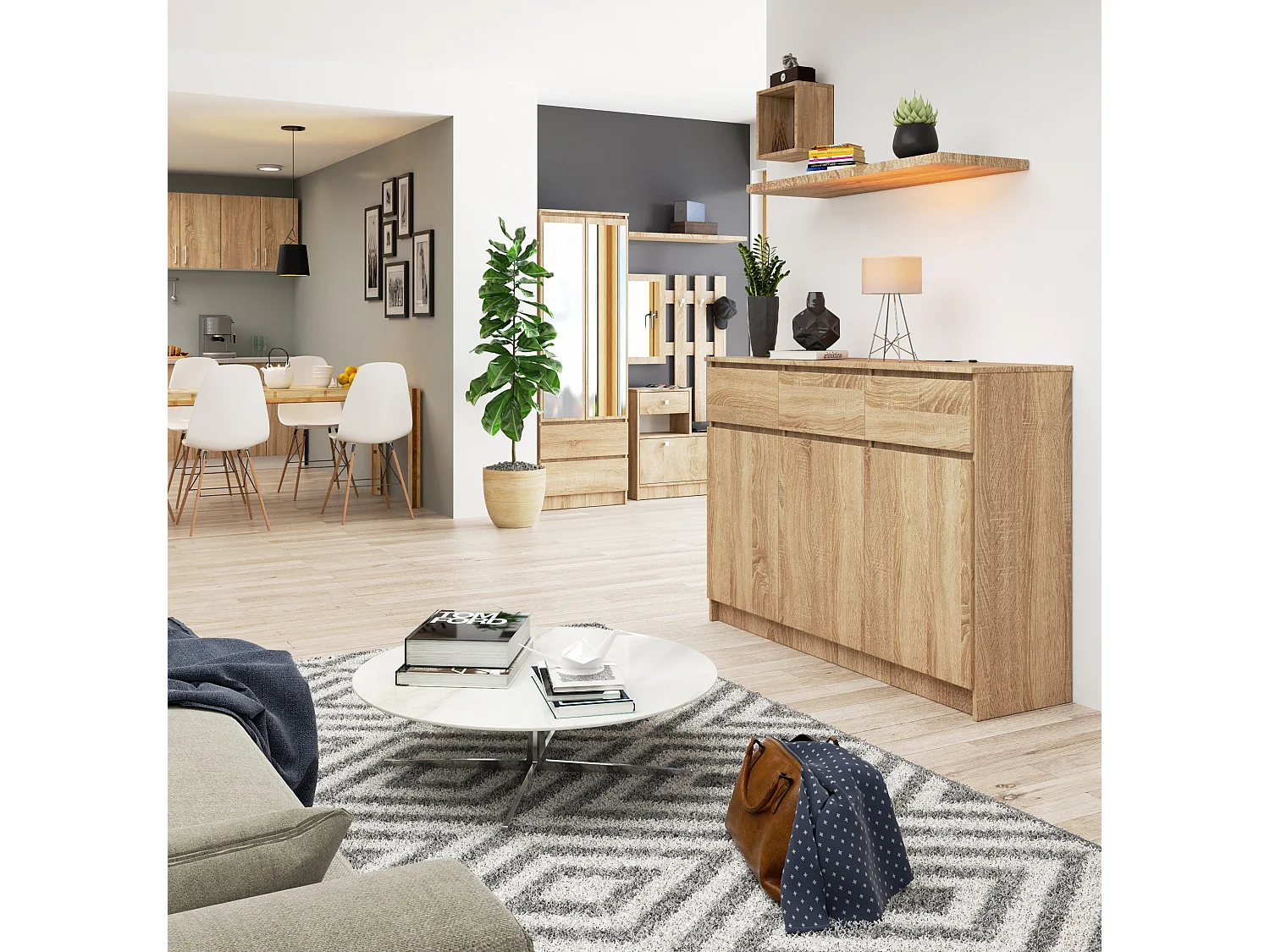 Kommode AKORD K140 Sonoma-Eiche 138 cm 3 Türen 3 Schubladen 6 Ebenen B138 x H99 x T40 cm