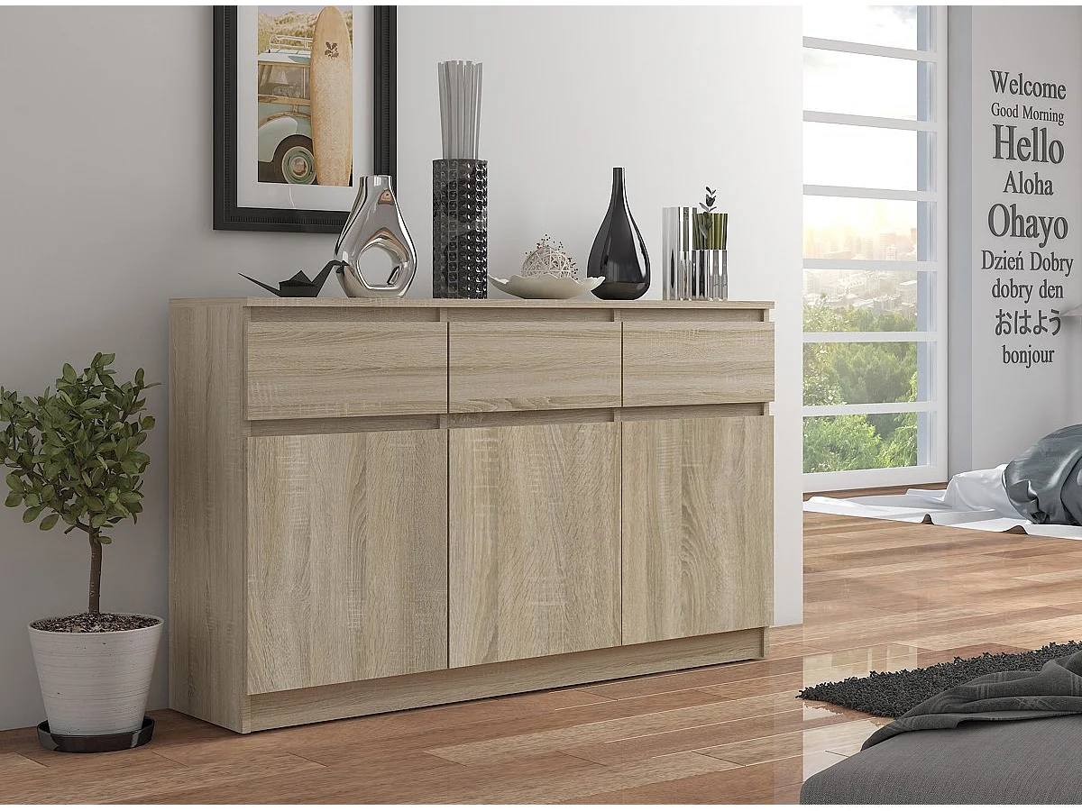 Commode AKORD K140 Chêne Sonoma 138 cm 3 portes 3 tiroirs façade Chêne Sonoma 6 étagères 138x40x99 cm