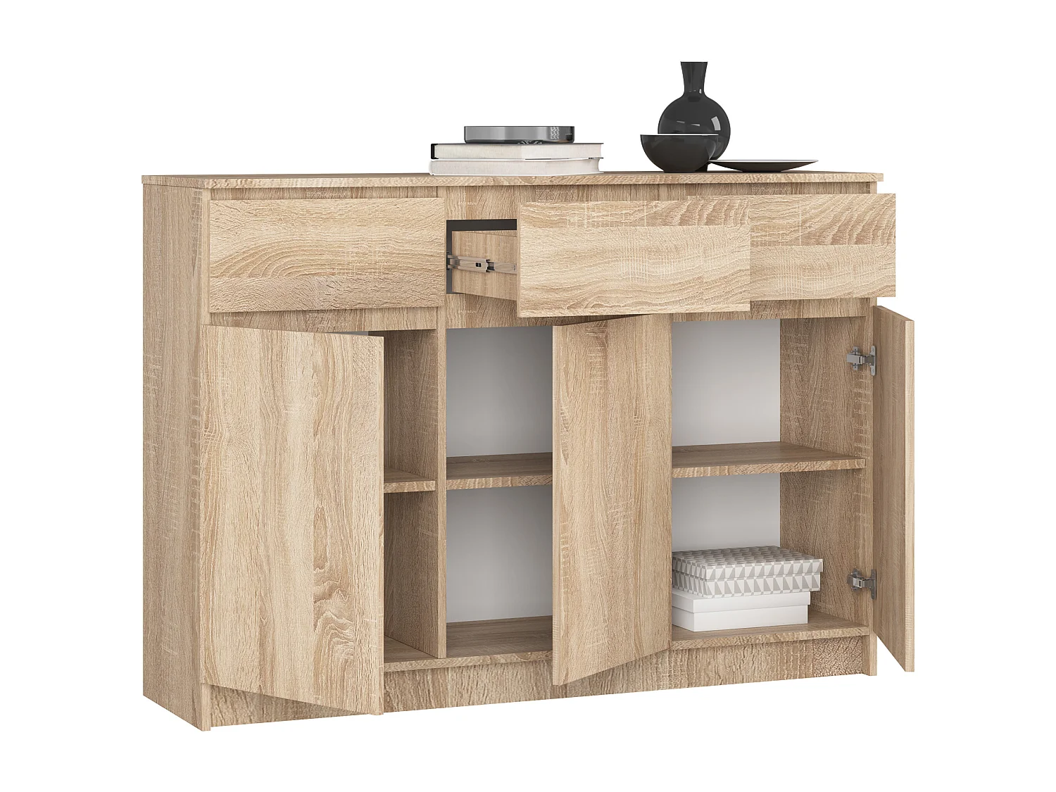 Commode AKORD K140 Chêne Sonoma 138 cm 3 portes 3 tiroirs façade Chêne Sonoma 6 étagères 138x40x99 cm