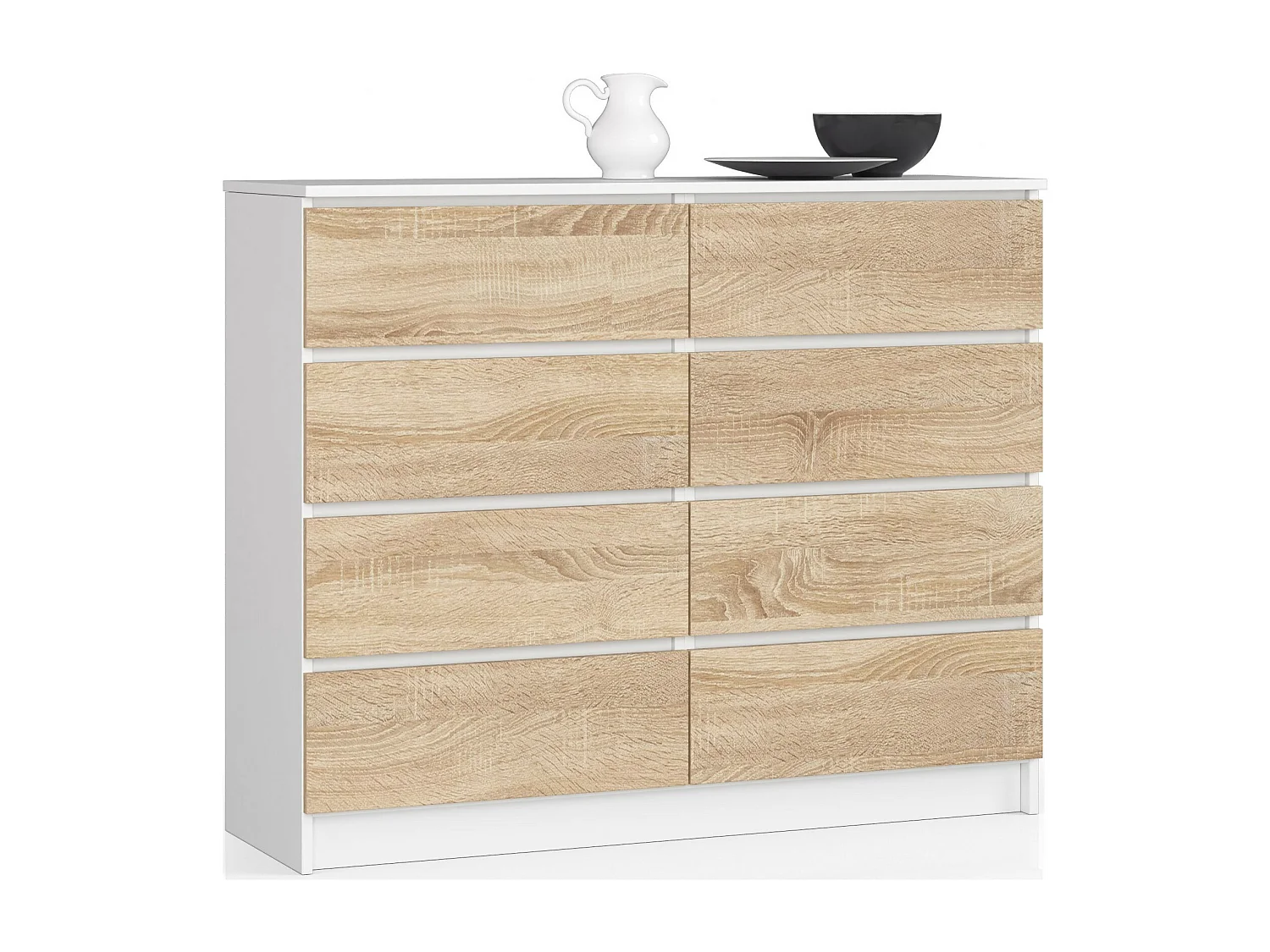 Commode AKORD K120 Blanche 120 cm 8 tiroirs façade Chêne Sonoma 120x40x99 cm