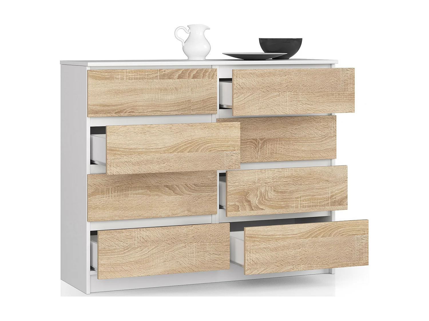 Commode AKORD K120 Blanche 120 cm 8 tiroirs façade Chêne Sonoma 120x40x99 cm