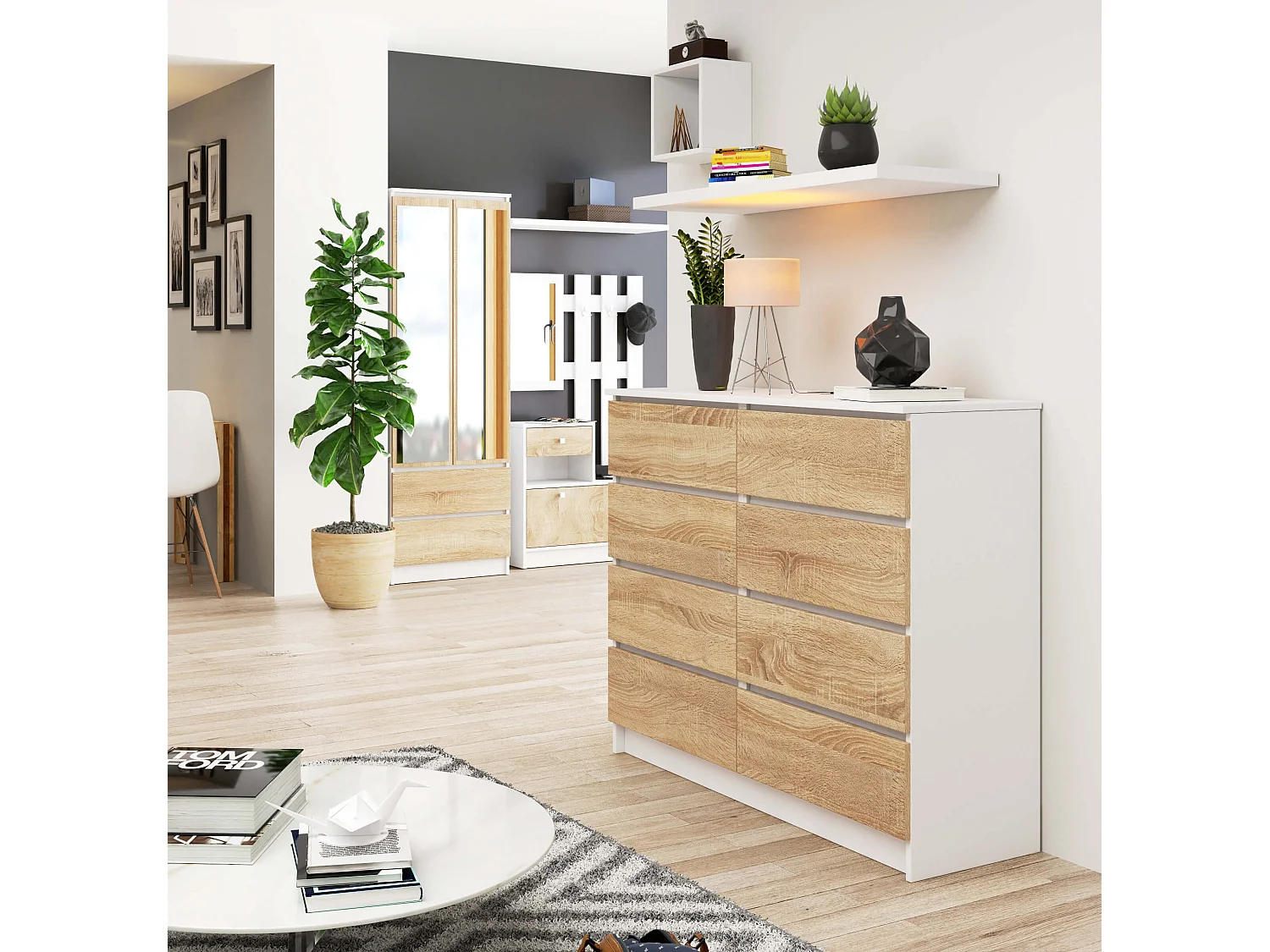 Commode AKORD K120 Blanche 120 cm 8 tiroirs façade Chêne Sonoma 120x40x99 cm