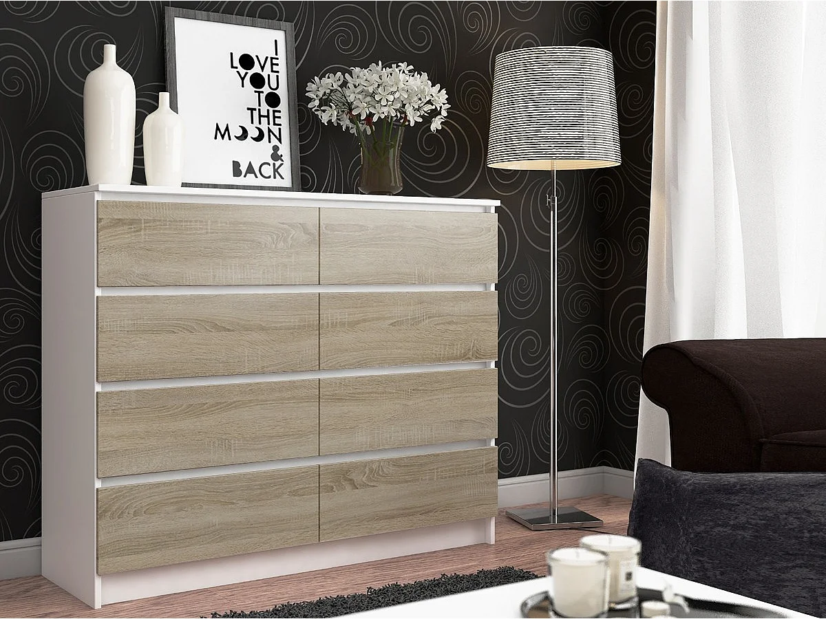 Commode AKORD K120 Blanche 120 cm 8 tiroirs façade Chêne Sonoma 120x40x99 cm