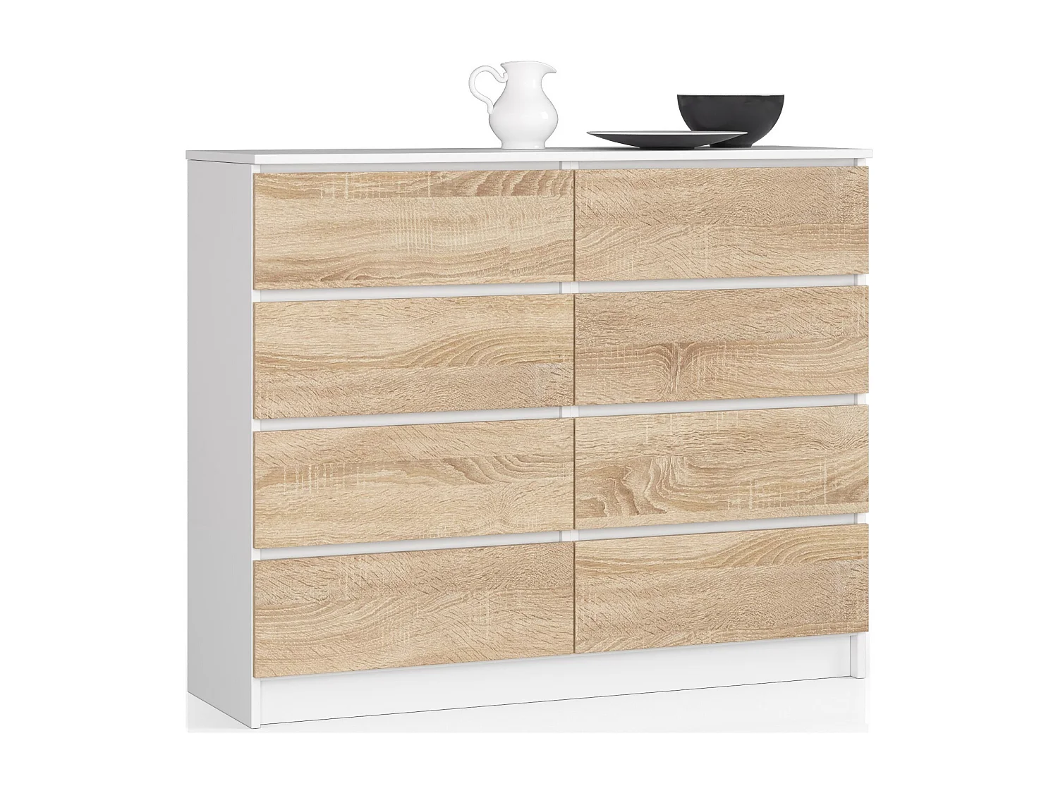 Commode AKORD K120 Blanche 120 cm 8 tiroirs façade Chêne Sonoma 120x40x99 cm