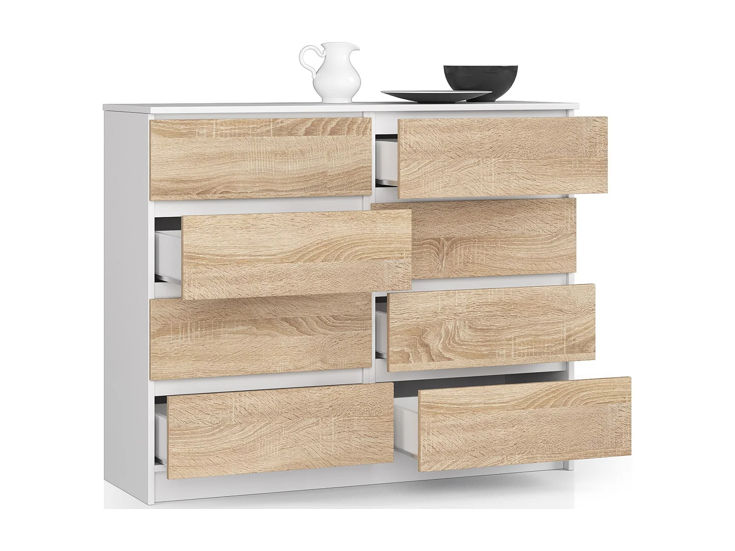 Commode AKORD K120 Blanche 120 cm 8 tiroirs façade Chêne Sonoma 120x40x99 cm