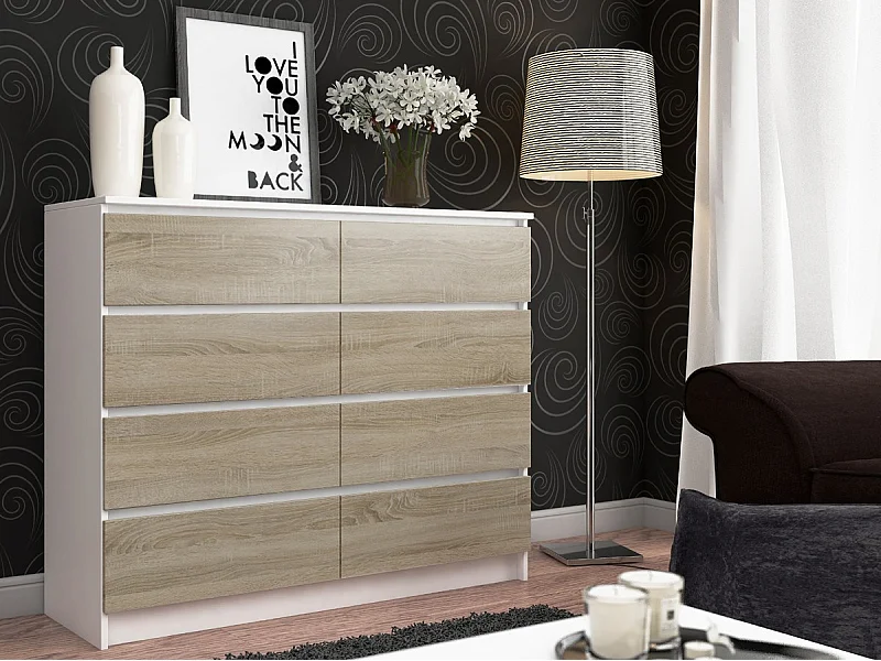 Commode AKORD K120 Blanche 120 cm 8 tiroirs façade Chêne Sonoma 120x40x99 cm