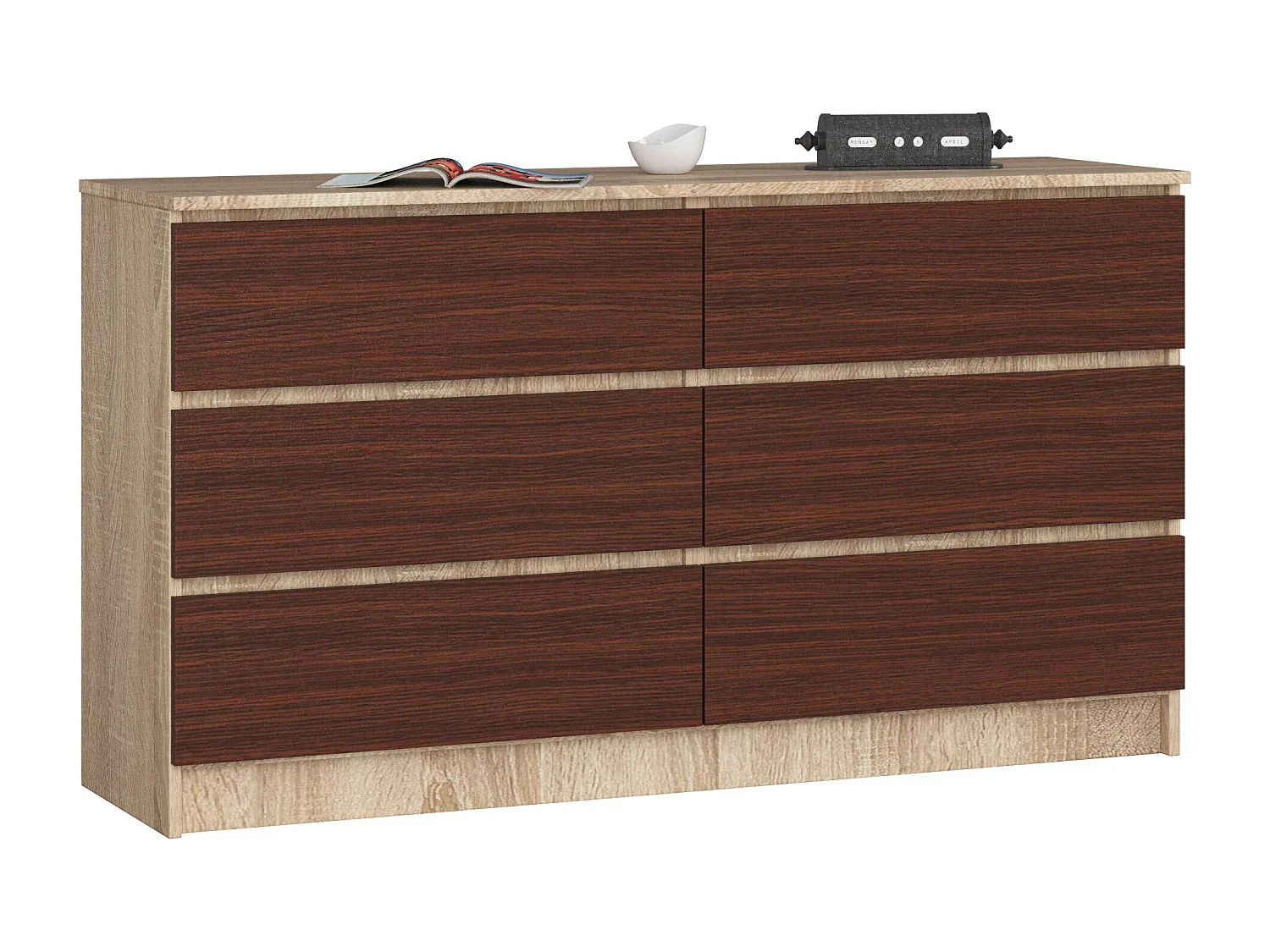 Commode AKORD K140 Chêne Sonoma 138 cm 6 tiroirs façade Wengé 138x40x77 cm