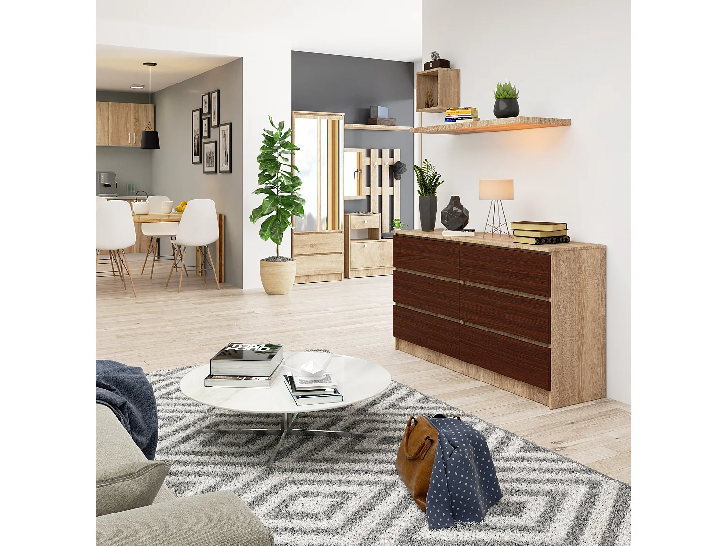 Commode AKORD K140 Chêne Sonoma 138 cm 6 tiroirs façade Wengé 138x40x77 cm