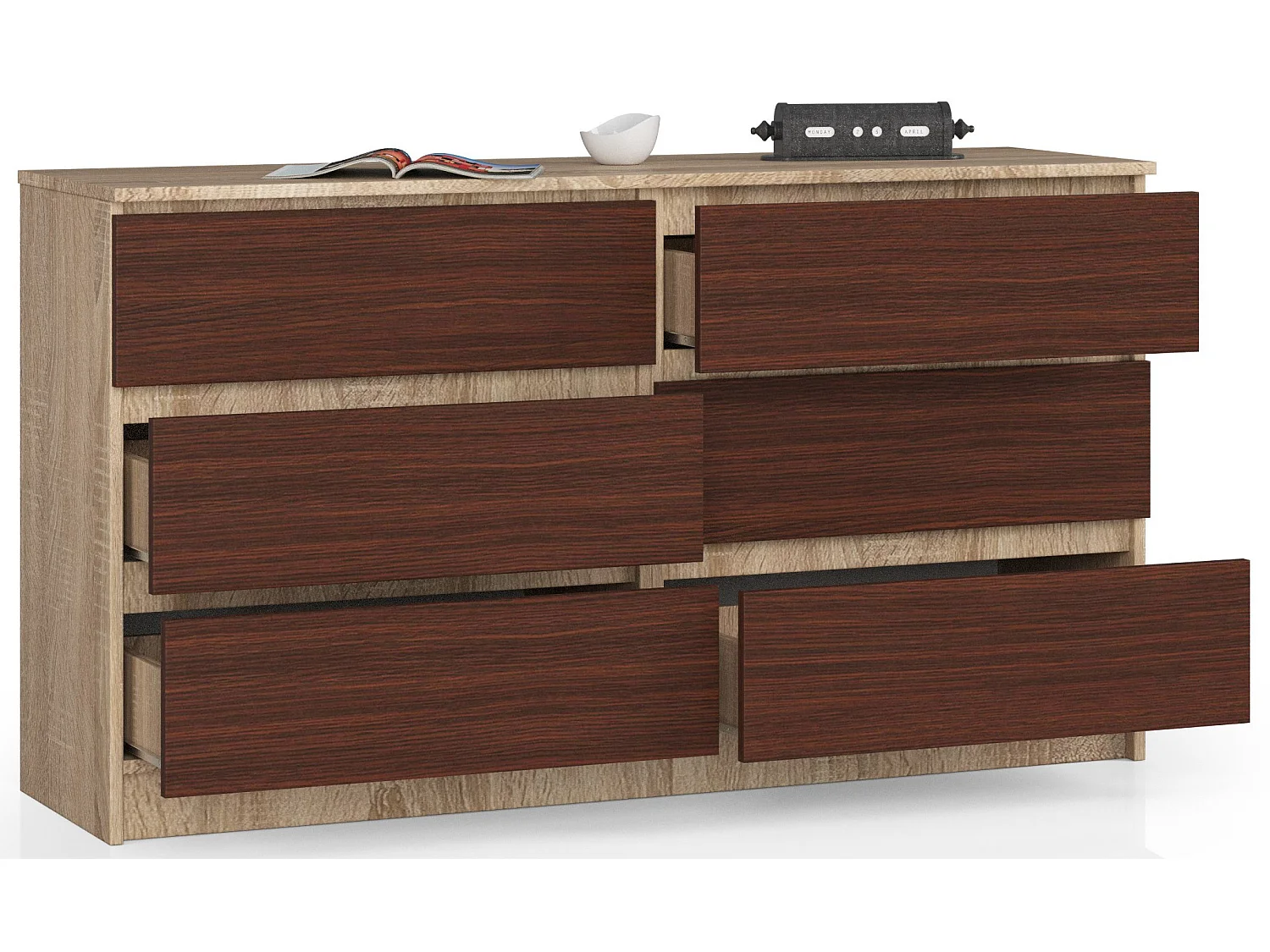 Commode AKORD K140 Chêne Sonoma 138 cm 6 tiroirs façade Wengé 138x40x77 cm