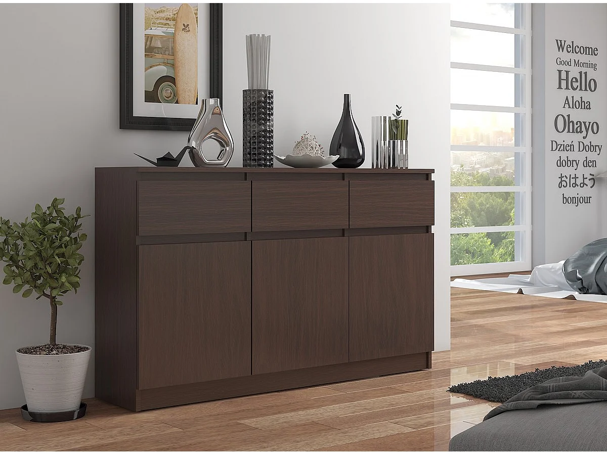 Komoda AKORD K140 Wenge 138 cm 3 drzwi 3 szuflady kolor Wenge mat 6 półek 138x40x99 cm