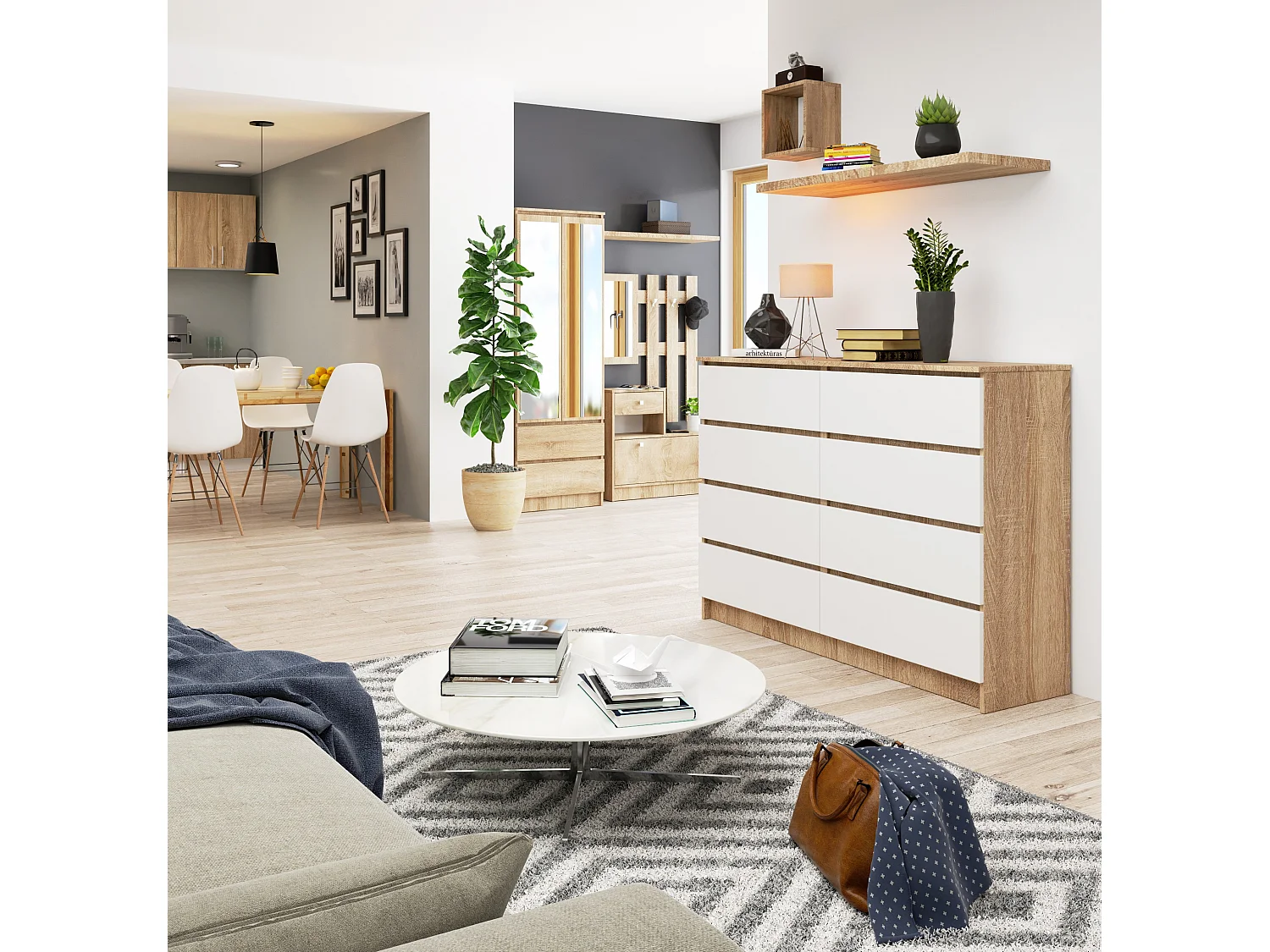 Kommode AKORD K140 Sonoma-Eiche 138 cm 8 Schubladen Front Weiß B138 x H99 x T40 cm