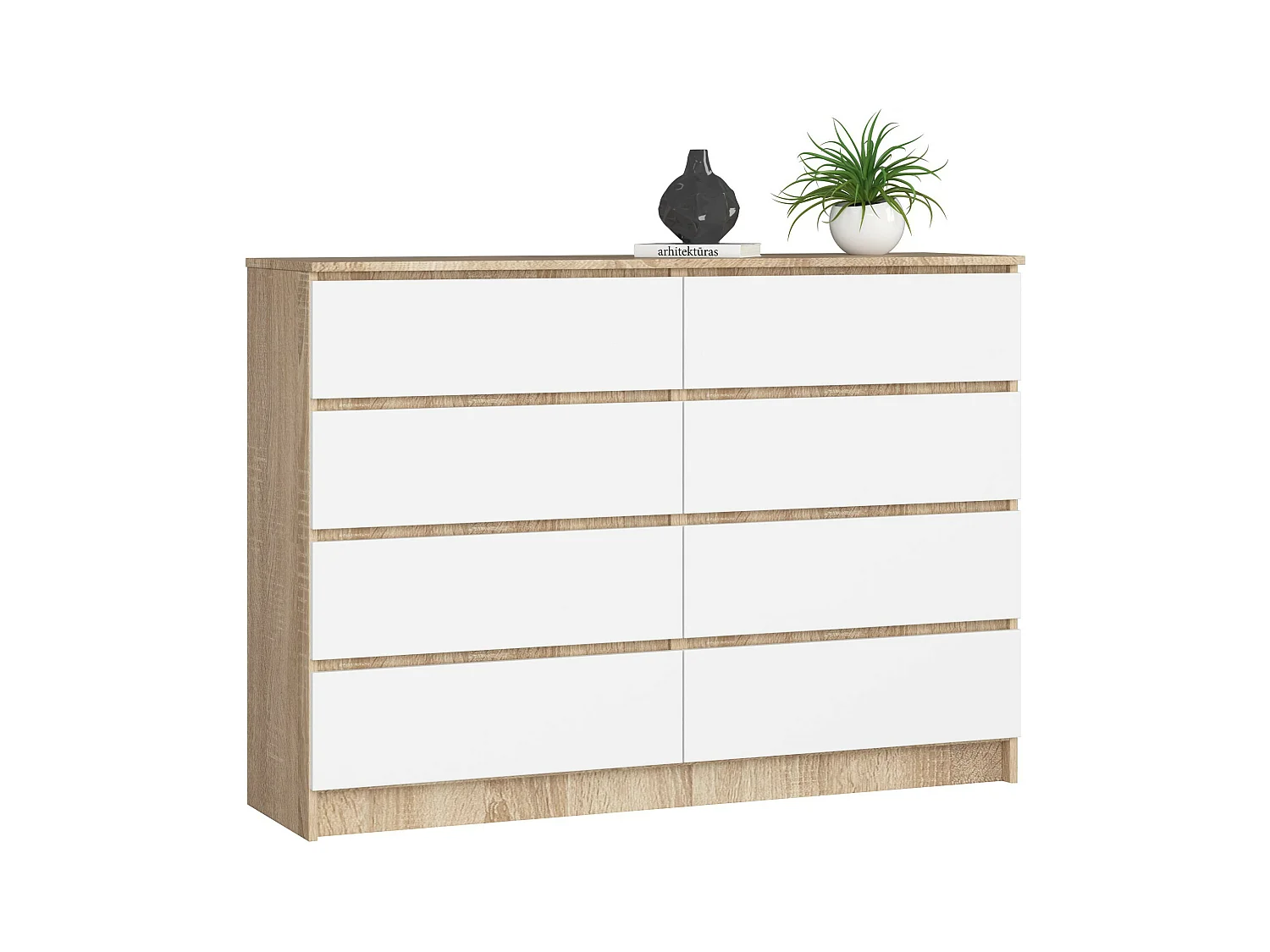 Commode AKORD K140 Chêne Sonoma 138 cm 8 tiroirs façade Blanche 138x40x99 cm