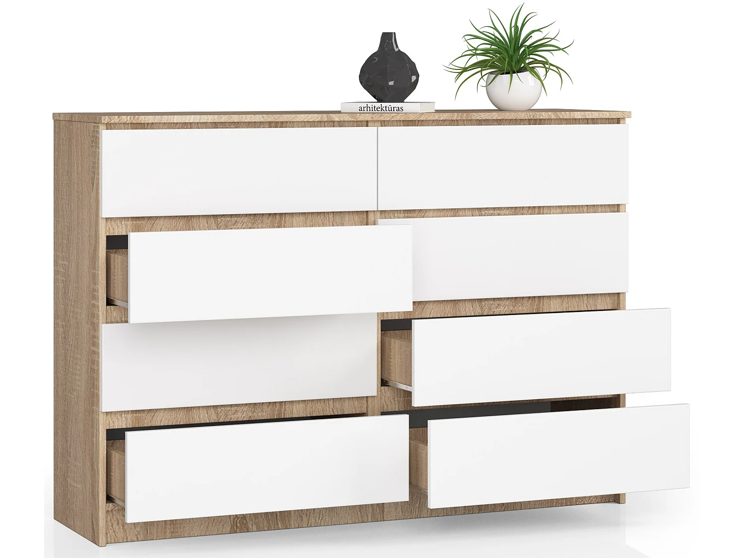 Commode AKORD K140 Chêne Sonoma 138 cm 8 tiroirs façade Blanche 138x40x99 cm