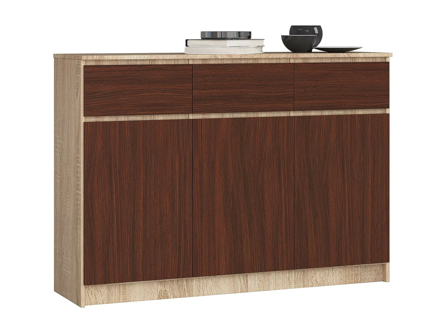 Moderne Dressoir K140 3D|3 Lades & Deuren | Mat Draaideur | Sonoma Eiken & Wenge | 138x99x40 cm