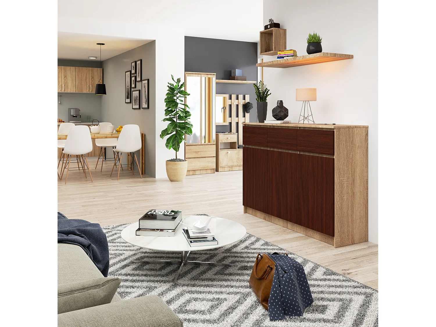 Moderne Dressoir K140 3D|3 Lades & Deuren | Mat Draaideur | Sonoma Eiken & Wenge | 138x99x40 cm