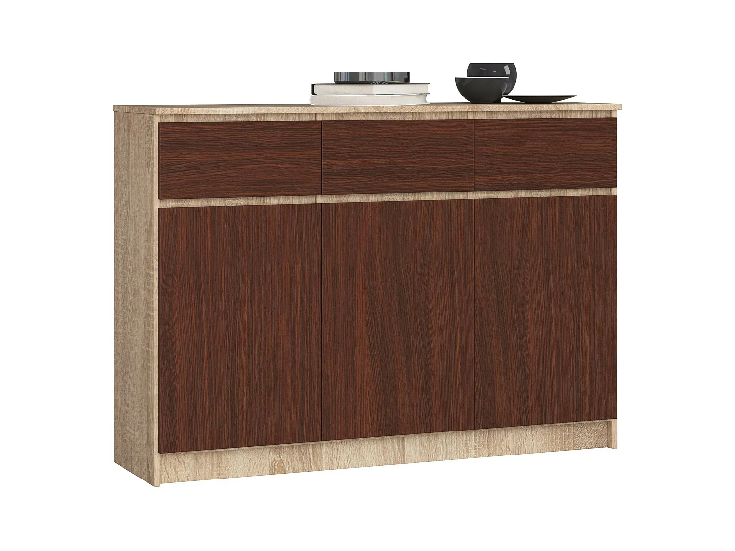 Commode AKORD K140 Chêne Sonoma 138 cm 3 portes 3 tiroirs façade Wengé 6 étagères 138x40x99 cm