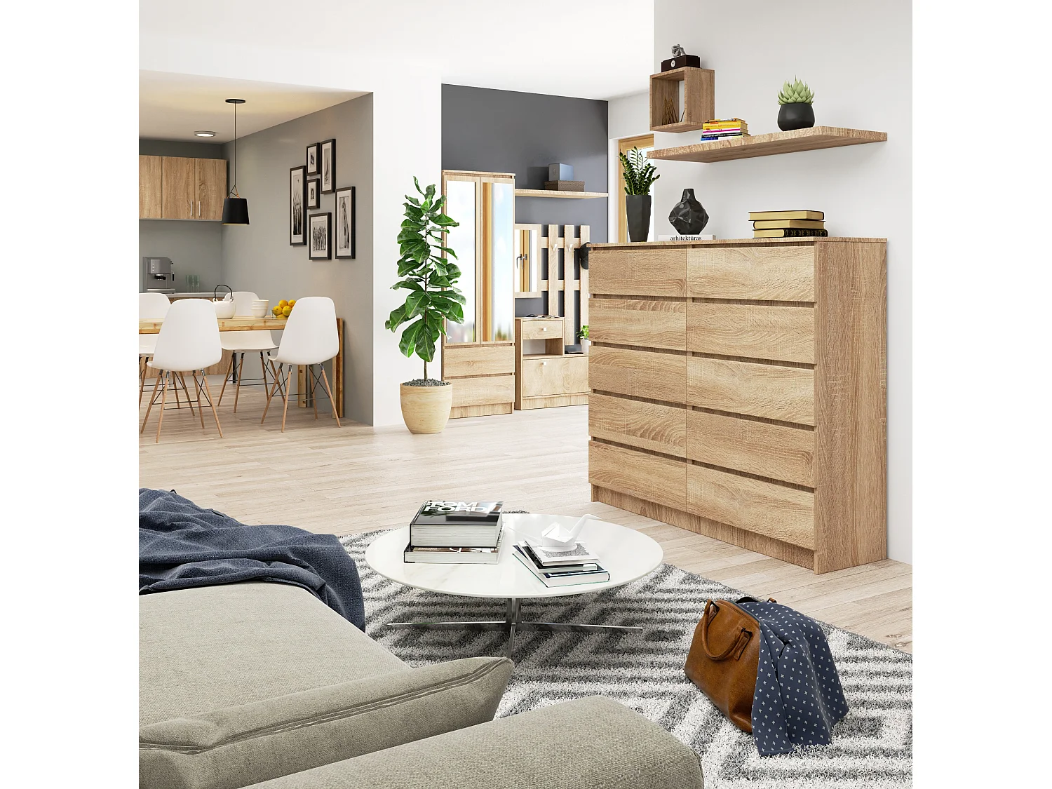 Commode AKORD K140 Chêne Sonoma 138 cm 10 tiroirs façade Chêne Sonoma 138x40x121 cm