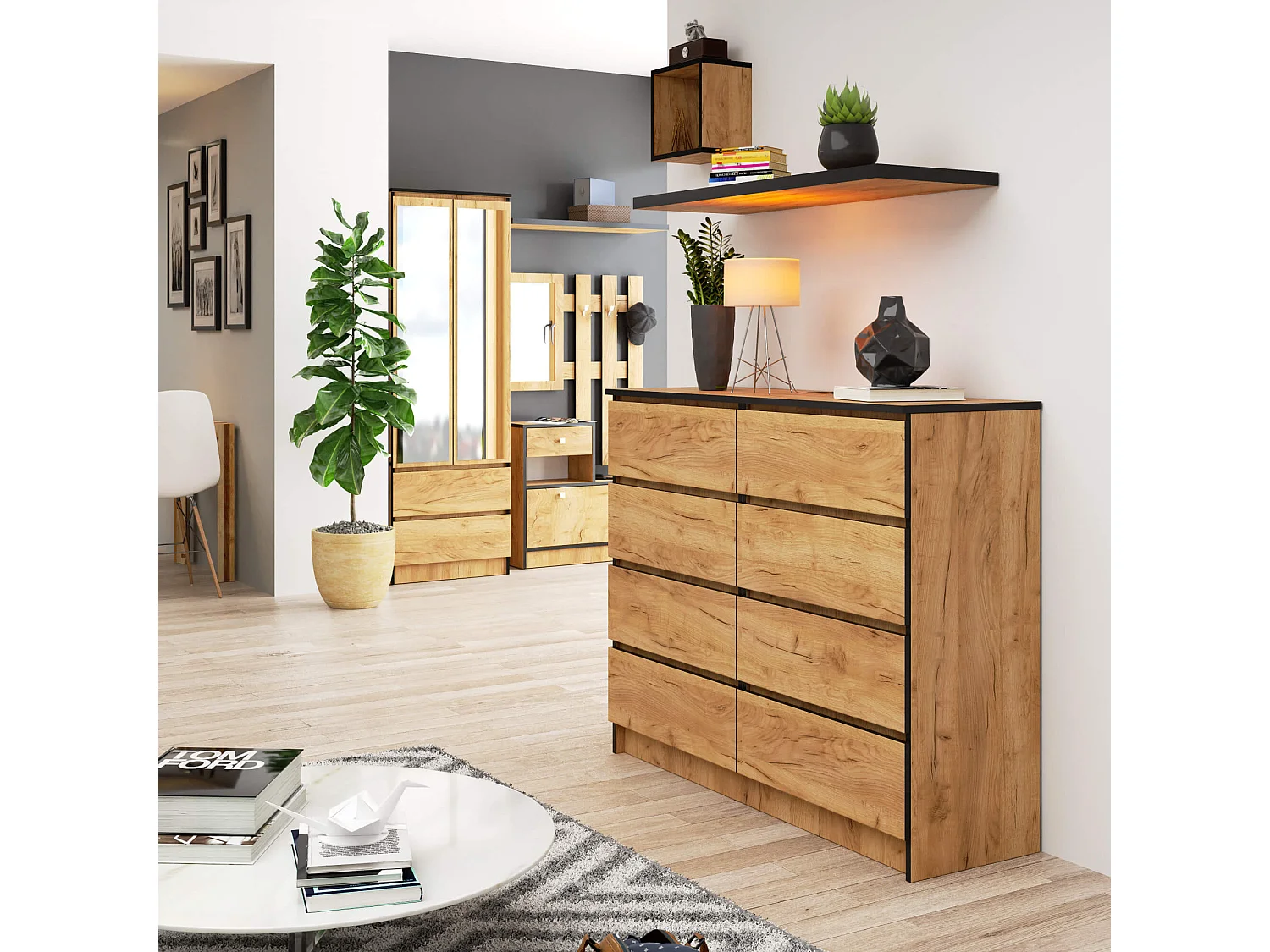 Commode AKORD K120 Chêne Craft 120 cm 8 tiroirs façade Chêne Craft 120x40x99 cm