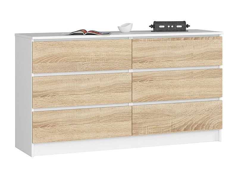 Cassettiera AKORD K140 Bianca 138 cm 6 cassetti inserto frontale Sonoma Quercia 138x40x77 cm