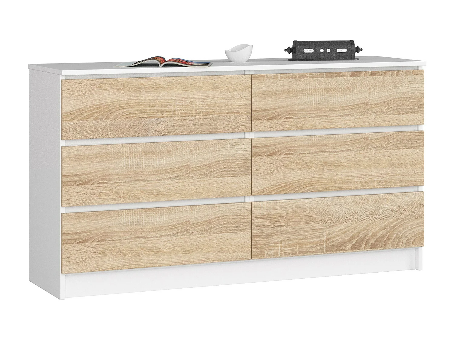 Commode AKORD K140 Blanche 138 cm 6 tiroirs façade Chêne Sonoma 138x40x77 cm